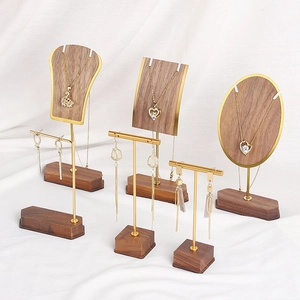 Walnut Wood And Gold Metal Jewelry Display Stand Holder For Earrings Necklaces Countertop Minimalist Elegant Storage