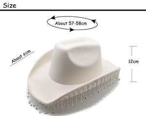 White cowboy hat with silver tassel fringe showing dimensions 57-58cm circumference