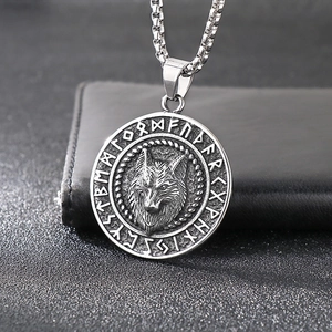 Nordic Viking wolf head pendant necklace with rune circle in polished stainless steel