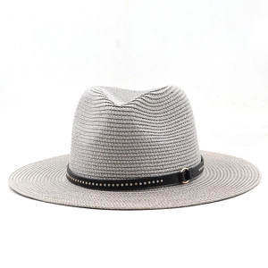 Grey straw panama hat for men and women with studded black leather band and gold buckle