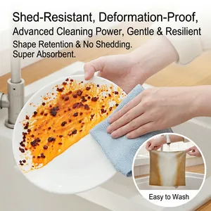 Blue microfiber kitchen cleaning cloth removing oil from ceramic plate easily