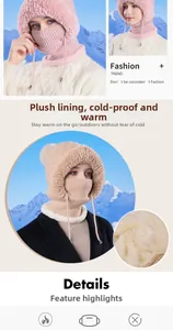 Detail view of the plush fleece lining and drawstring on the winter knitted hood mask