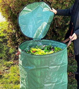 Detailed view of a 300L garden waste bag showing lid functionality and green PP material