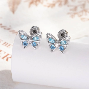 Butterfly Ear Cartilage Stud Titanium Steel Copper Blue White Cubic Zirconia Piercing Screw Back Minimalist Women Jewelry