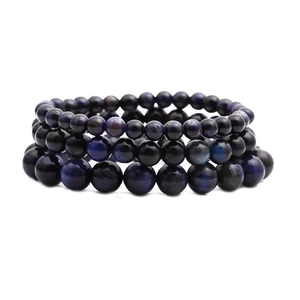 Three-piece set of blue tiger eye stone bracelets with layered round beads for men and women