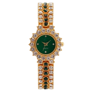 Elegante Damenquarzuhr in Gold mit smaragdgrünem Zifferblatt und Kristallarmband