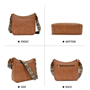 Brown vintage faux leather crossbody bag with ethnic embroidered wide strap and multiple views
