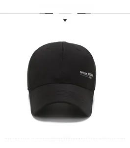 Close-up of black baseball cap with metal side buckle engraved with Sport Fashion Cap