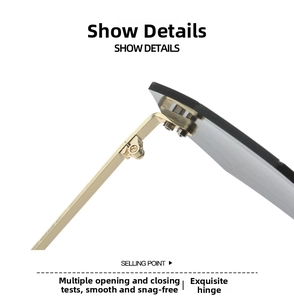 Detail of durable dual-screw metal hinge on gold sunglasses with dark lenses