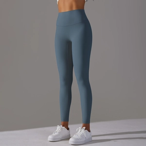 Vue latérale détaillée du legging de yoga sans couture à taille haute en bleu brume