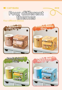 Detail of cute Capybara and Panda cartoon sticky notes and tape dispenser set in 4 colors