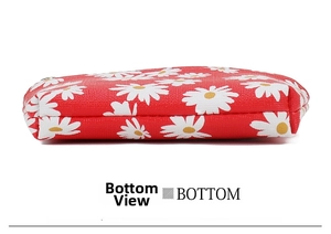 Bottom view of red coin purse featuring daisy print and textured synthetic leather