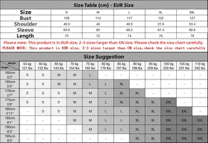 Detailed European size guide for long sleeve polo sweatshirt showing measurements in cm