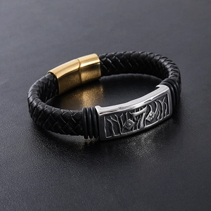 Men's black woven leather bracelet with vintage silver plate and magnetic gold clasp