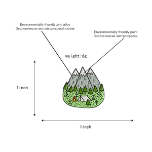 Detailed view of mountain camping enamel pin with size and eco-friendly alloy specs