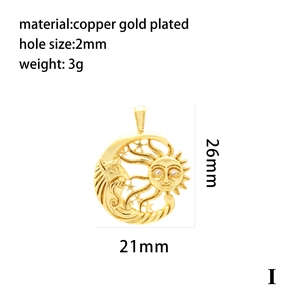 Detail view of 26x21mm gold plated copper sun and moon pendant with size specifications