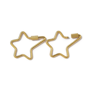 Detailed view of gold star-shaped stainless steel carabiners with screw lock mechanism