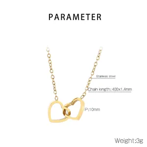 Detail of 18K gold plated interlocking double heart pendants on a stainless steel chain