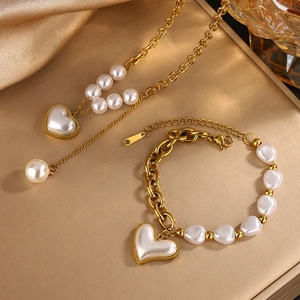 Retro Elegant Women Necklace And Bracelet Stainless Steel Imitation Artificial Pearl Shell Heart Pendant Gold Plated Asymmetric Chain Jewelry