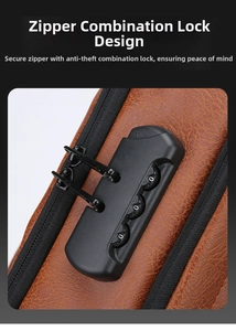 Detail of the three-digit anti-theft combination lock on brown litchi leather bag