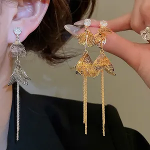 Boucles D'oreilles Pendantes Fleur Pétale Creux Avec Zircon Et Tige En Argent Longues Franges Bijoux En Cuivre Femmes