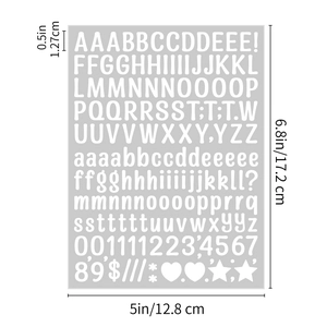 Detailed dimension guide for alphabet and number stickers with a 0.5-inch character height