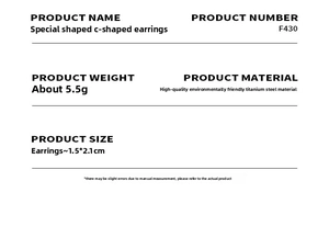 Detailed size and material specification chart for C-shaped titanium steel earrings