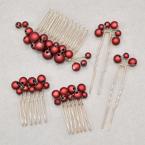 Handmade Bridal Hair Accessory Set Red Artificial Pearl Gold Wire Hair Combs And U-Pins Headpiece For Women Wedding Party Jewelry