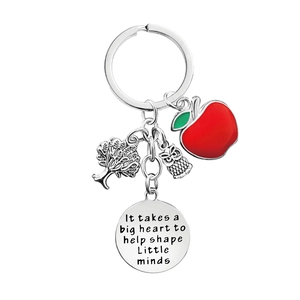 Teacher gift keychain with red apple, owl pendants and inspirational engraved quote