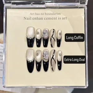 Handmade Press On Nails Long Coffin Stiletto Cat Eye Rhinestone Luxury French Tip Black Gradient Artificial False Nails