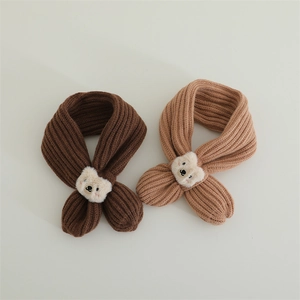 Knitted winter scarves for children with cute 3D plush bear decor in brown and camel