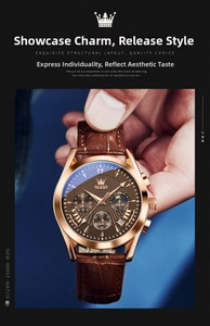 Detail showing multifunctional business watch with brown leather strap and rose gold case