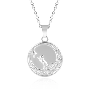 Detail of silver stainless steel necklace with a round cat and moon silhouette pendant