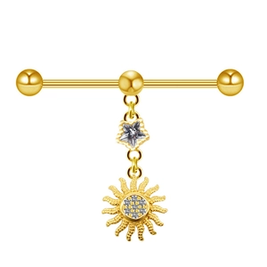 Golden industrial barbell with sun and star zirconia charms for ear piercing