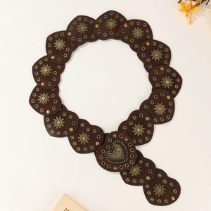 Ethnic western retro heart-shaped leather belt with silver star rivets and heart buckle