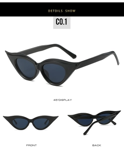 Detailed views of vintage cat-eye sunglasses with thick black frames and dark lenses