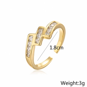 Detail view of 18K gold plated irregular geometric ring with clear zircon inlay and 1.8cm diameter