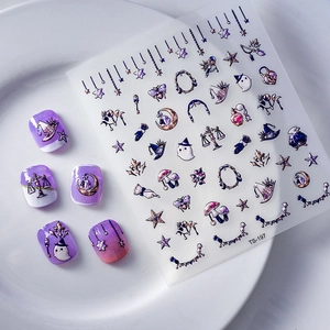 3D Halloween nail stickers with purple ghosts and gold moons for professional manicure art