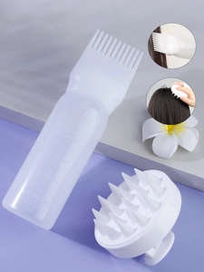 Detail of 6oz hair dye bottle with scale and white scalp massager brush set