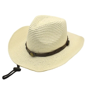 Detail of straw cowboy hat with brown leather band, metal studs and adjustable wind cord