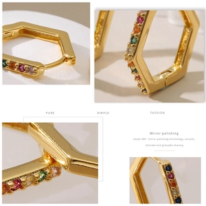 Macro view showing 18K gold plated hexagonal huggie earrings with colorful zircon stones
