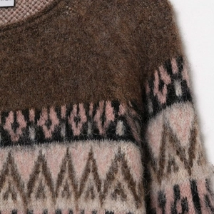 Retro round neck knit sweater with fuzzy Fair Isle geometric patterns in dark brown