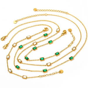 Stainless Steel Necklace Bracelet And Anklet Jewelry Zircon Emerald Cut Rectangular Colorful Crystal Minimalist For Women