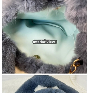 Detail of plush tote bag showing mint green lining, magnetic closure and soft faux fur texture
