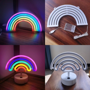 LED rainbow neon light in hanging and base styles showing light on and off status