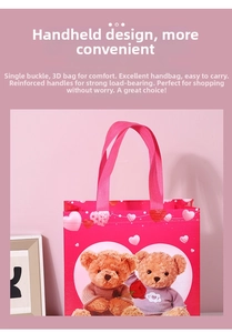 Close-up of pink non-woven tote bag with cute teddy bears and heart balloon patterns