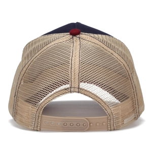 Detail of adjustable snapback closure and breathable mesh on a color-block trucker cap