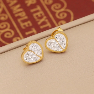 Fashionable gold-plated heart stud earrings with white inlay and sparkling crystal stones