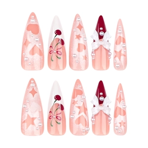 French cherry pink press-on nails with 3D bows and star heart patterns in long stiletto shape