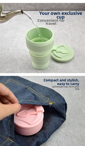 Detail view of mint green and pink silicone folding cups showing expanded and collapsed states